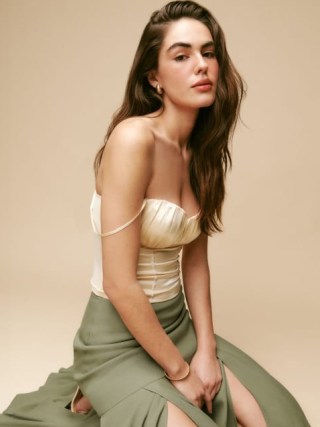 Reformation Kessie Silk Top in Sugar / ruched strappy bustier / fitted silky tops / luxe evening fashion - flipped