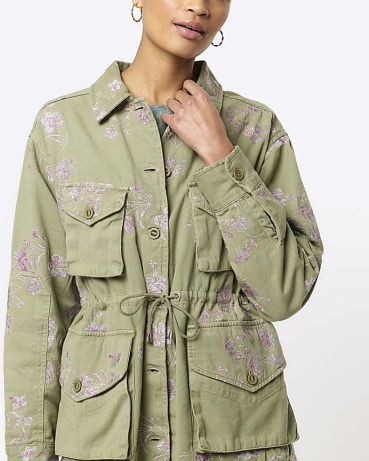 RIVER ISLAND Khaki Embroidered Floral Utility Shacket ~ women’s green drawstring waist jackets ~ utilitarian fashion - flipped