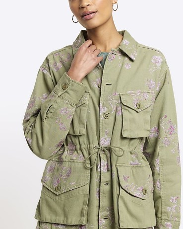 RIVER ISLAND Khaki Embroidered Floral Utility Shacket ~ women’s green drawstring waist jackets ~ utilitarian fashion