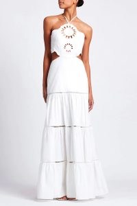 PATBO Lasercut Cotton Poplin Maxi Dress in White – strappy halterneck dresses – cut out halter fashion