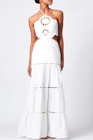 PATBO Lasercut Cotton Poplin Maxi Dress in White – strappy halterneck dresses – cut out halter fashion - flipped