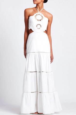 PATBO Lasercut Cotton Poplin Maxi Dress in White – strappy halterneck dresses – cut out halter fashion