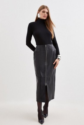 Karen Millen Leather Zip Through Maxi Pencil Skirt in Black – luxe skirts - flipped
