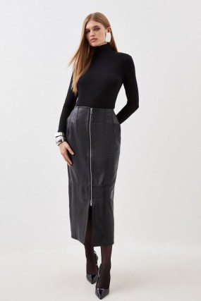 Karen Millen Leather Zip Through Maxi Pencil Skirt in Black – luxe skirts