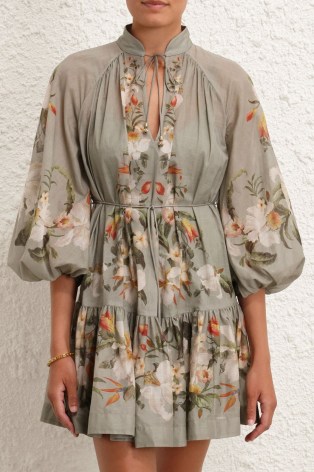 ZIMMERMANN Lexi Billow Mini Dress in Sage Palm – floral print balloon sleeve dresses – Resort 2024 - flipped