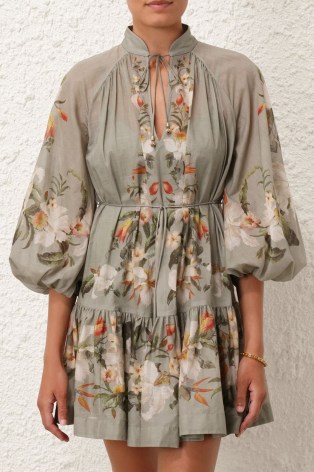 ZIMMERMANN Lexi Billow Mini Dress in Sage Palm – floral print balloon sleeve dresses – Resort 2024