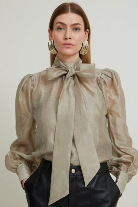 KAREN MILLEN Linen Blend Organdie Woven Pussybow Blouse in Champagne – romantic luxe style pussy bow blouses - flipped