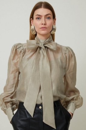 KAREN MILLEN Linen Blend Organdie Woven Pussybow Blouse in Champagne – romantic luxe style pussy bow blouses