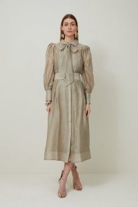 KAREN MILLEN Linen Blend Organdie Woven Pussybow Midaxi Dress in Champagne – blouson sleeve dresses with pussy bow neck tie detail