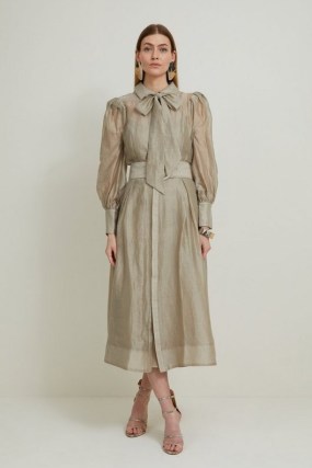 KAREN MILLEN Linen Blend Organdie Woven Pussybow Midaxi Dress in Champagne – blouson sleeve dresses with pussy bow neck tie detail - flipped