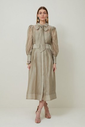 KAREN MILLEN Linen Blend Organdie Woven Pussybow Midaxi Dress in Champagne – blouson sleeve dresses with pussy bow neck tie detail
