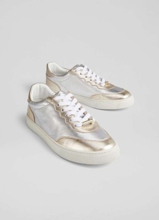L.K. BENNETT LKB Runner Silver and Gold Leather Trainers / women’s shiny metallic sneakers / sports luxe footwear - flipped