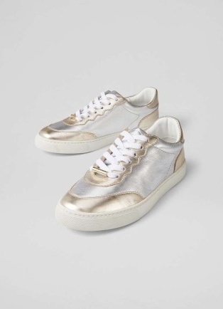 L.K. BENNETT LKB Runner Silver and Gold Leather Trainers / women’s shiny metallic sneakers / sports luxe footwear