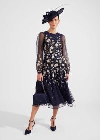 HOBBS LOIS EMBROIDERED MIDI DRESS in Navy Multi – dark blue sheer sleeve occasion dresses – mother of the bride fashion spring / summer 2024