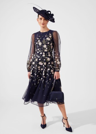 HOBBS LOIS EMBROIDERED MIDI DRESS in Navy Multi – dark blue sheer sleeve occasion dresses – mother of the bride fashion spring / summer 2024 - flipped