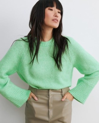 OLIVER BONAS Longline Green Knitted Jumper ~ women’s crew neck jumpers - flipped
