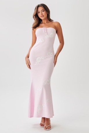 MESHKI LORELAI Strapless Rose Knit Maxi Dress in Fairy Floss Pink ~ beandeau bodycon occasion dresses - flipped