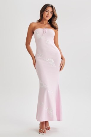 MESHKI LORELAI Strapless Rose Knit Maxi Dress in Fairy Floss Pink ~ beandeau bodycon occasion dresses
