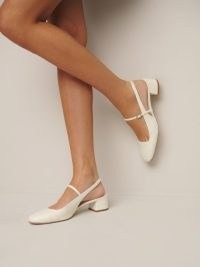 Reformation Maddox Slingback Heel in White Leather – luxury block heel slingbacks – luxe vintage style Mary Jane shoes