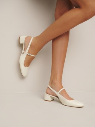 Reformation Maddox Slingback Heel in White Leather – luxury block heel slingbacks – luxe vintage style Mary Jane shoes - flipped