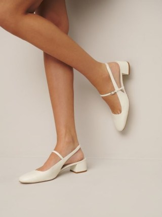 Reformation Maddox Slingback Heel in White Leather – luxury block heel slingbacks – luxe vintage style Mary Jane shoes