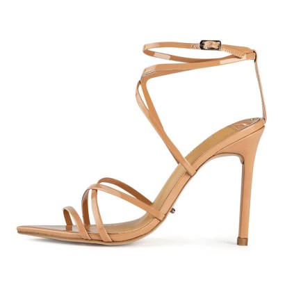 TONY BIANCO Marcy Nude Patent Heels – strappy glossy leather stiletto heel sandals - flipped