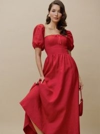 Reformation Marella Linen Dress in Cherry ~ red puff sleeve fitted bodice dresses