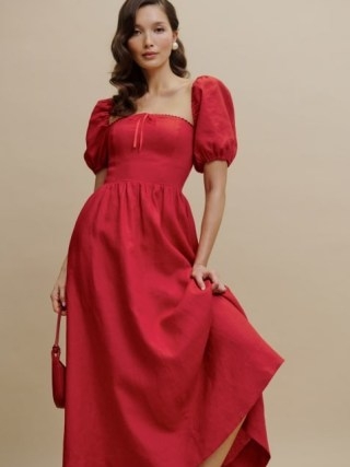 Reformation Marella Linen Dress in Cherry ~ red puff sleeve fitted bodice dresses - flipped