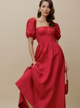 Reformation Marella Linen Dress in Cherry ~ red puff sleeve fitted bodice dresses