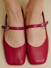 Reformation Melissa Mary Jane Flat in Scarlet ~ red square toe nappa leather flats ~ ballet style Mary Janes ~ luxury vintage style front strap shoes