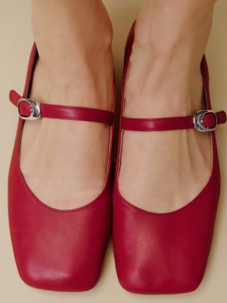 Reformation Melissa Mary Jane Flat in Scarlet ~ red square toe nappa leather flats ~ ballet style Mary Janes ~ luxury vintage style front strap shoes - flipped