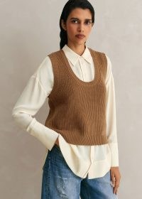 ME and EM Merino Cashmere Ribbed Scoop Neck Vest in Camel ~ women’s light brown knitted vests ~ women’s sleeveless sweaters