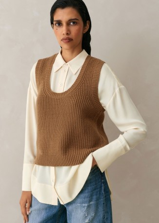 ME and EM Merino Cashmere Ribbed Scoop Neck Vest in Camel ~ women’s light brown knitted vests ~ women’s sleeveless sweaters - flipped