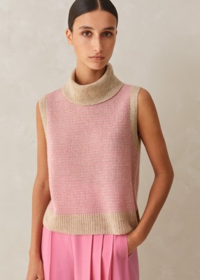 Me and Em Merino Cashmere Silk Lace Stitch Vest + Snood Oatmeal Mélange / Perfect Pink – high neck knitted vests – crew neck tank – luxe sleeveless sweater - flipped