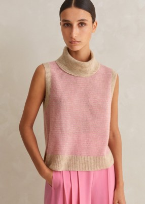 Me and Em Merino Cashmere Silk Lace Stitch Vest + Snood Oatmeal Mélange / Perfect Pink – high neck knitted vests – crew neck tank – luxe sleeveless sweater