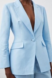 KAREN MILLEN Metallic Taffeta Single Breasted Tailored Blazer in Pale Blue – womne’s occasion jackets – womens evening event blazers