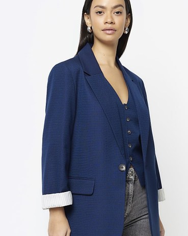RIVER ISLAND Navy Rolled Sleeve Relaxed Blazer ~ women’s dark blue contrast cuff jacket ~ womens fashionable blazers - flipped