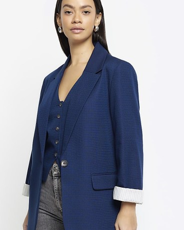 RIVER ISLAND Navy Rolled Sleeve Relaxed Blazer ~ women’s dark blue contrast cuff jacket ~ womens fashionable blazers