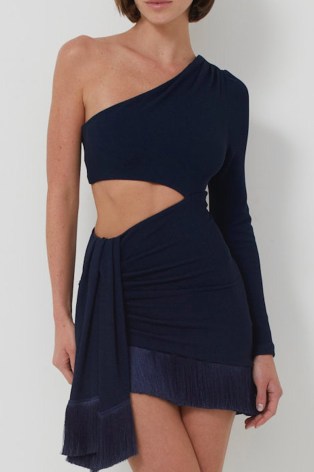 PATBO One Shoulder Cut-Out Mini Dress in French Navy – dark blue asymmetric occasion dresses - flipped