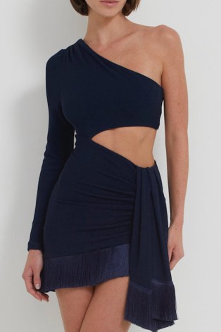 PATBO One Shoulder Cut-Out Mini Dress in French Navy – dark blue asymmetric occasion dresses