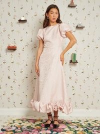 sister jane DELIGHTFUL THINGS Ornament Rose Midi Dress in Pale Pink ~ puff sleeve ruffled hem party dresses ~ women’s romantic occasion fashion