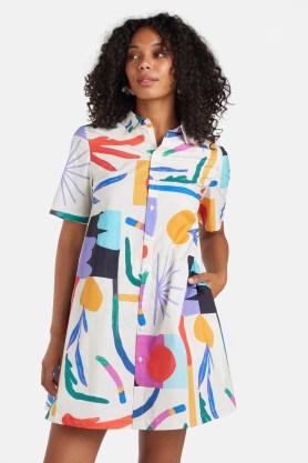 gorman x Lola Avigliano Peachy Shirt Dress – women’s collared short sleeve mini dresses – womens organic cotton poplin fashion - flipped