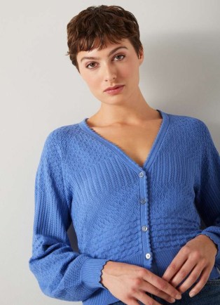 L.K. Bennett Penelope Blue Textured Knit Cardigan | lightweight balloon sleeve scallop trimmed cardigans