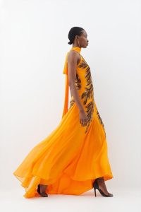 Karen Millen Petite Halter Neck Feather Sequin Detail Woven Maxi Dress in Orange – halterneck occasion gowns – sequinned evening event dresses