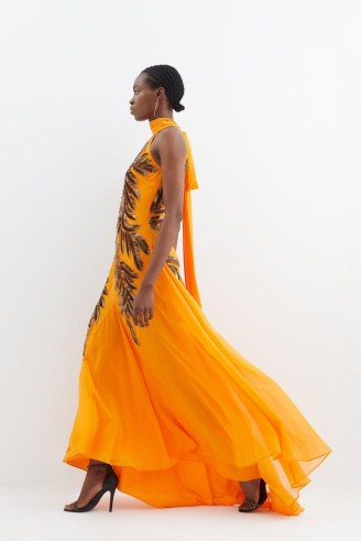 Karen Millen Petite Halter Neck Feather Sequin Detail Woven Maxi Dress in Orange – halterneck occasion gowns – sequinned evening event dresses - flipped