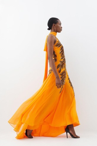 Karen Millen Petite Halter Neck Feather Sequin Detail Woven Maxi Dress in Orange – halterneck occasion gowns – sequinned evening event dresses