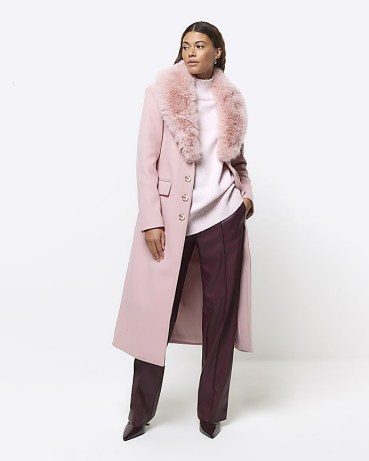 RIVER ISLAND Pink Faux Fur Collar Longline Coat ~ women’s glamorous long length winter coats - flipped