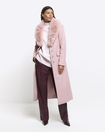 RIVER ISLAND Pink Faux Fur Collar Longline Coat ~ women’s glamorous long length winter coats