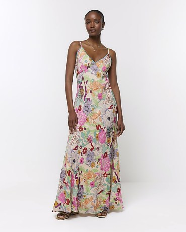 REIVER ISLAND Pink Floral Slip Maxi Dress ~ strappy evening dresses - flipped
