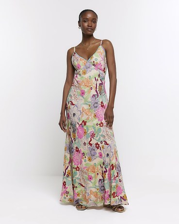 REIVER ISLAND Pink Floral Slip Maxi Dress ~ strappy evening dresses